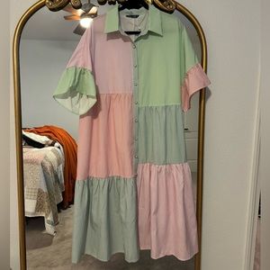 SHEIN Color Blocked Striped Flounce Sleeve Ruffle Hem Shirt Dress